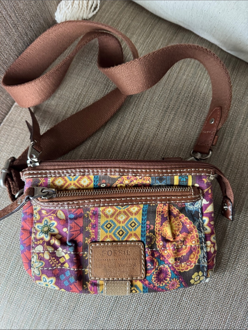 Fossil Multicolor Floral-Print Quilted Crossbody Bag with Brown Strap